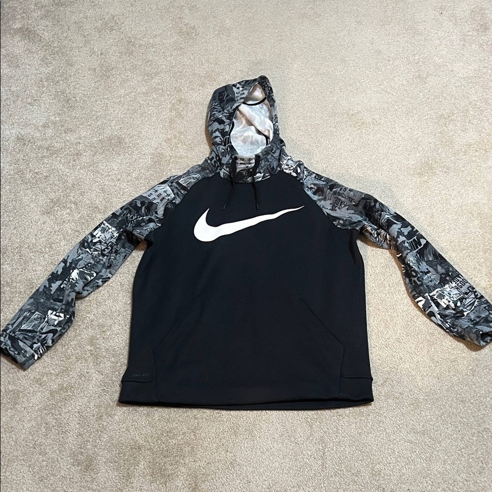 Nike Black Hoodie with White Swoosh and Gray Camo Sleeves